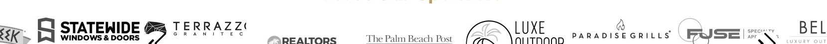 Row of sponsor logos including Statewide Windows & Doors, Terrazzo Granite, Realtors, The Palm Beach Post, Luxe Outdoor, Paradise Grills, Fuse Specialty, and Bel